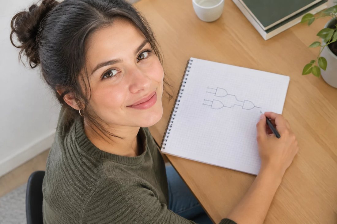 Duas pessoas relendo anotações num tablet apoiado na mesa